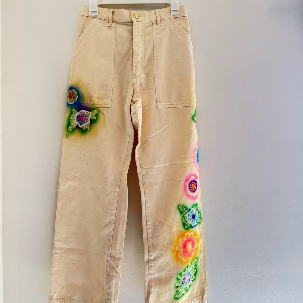 Big Bud Press Cream Work Pants with Colorful Floral Airbrushed Details